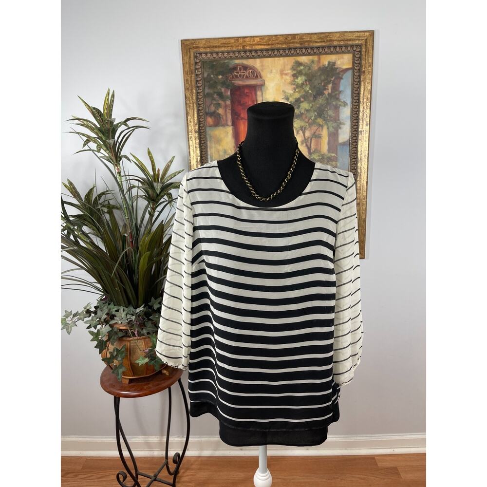 AB Studio Blouse Top Womens M Black White Striped Layered Hem Minimalist Modern